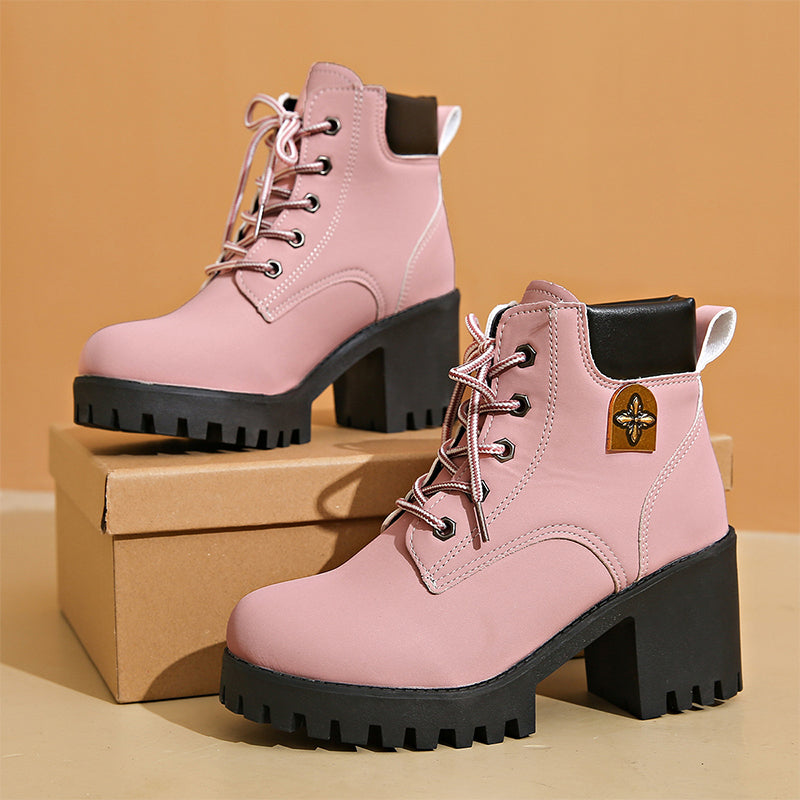 Modische Stiefeletten Damen mit robustem Absatz und Schnürung | A&B - 6 - Annoboutique