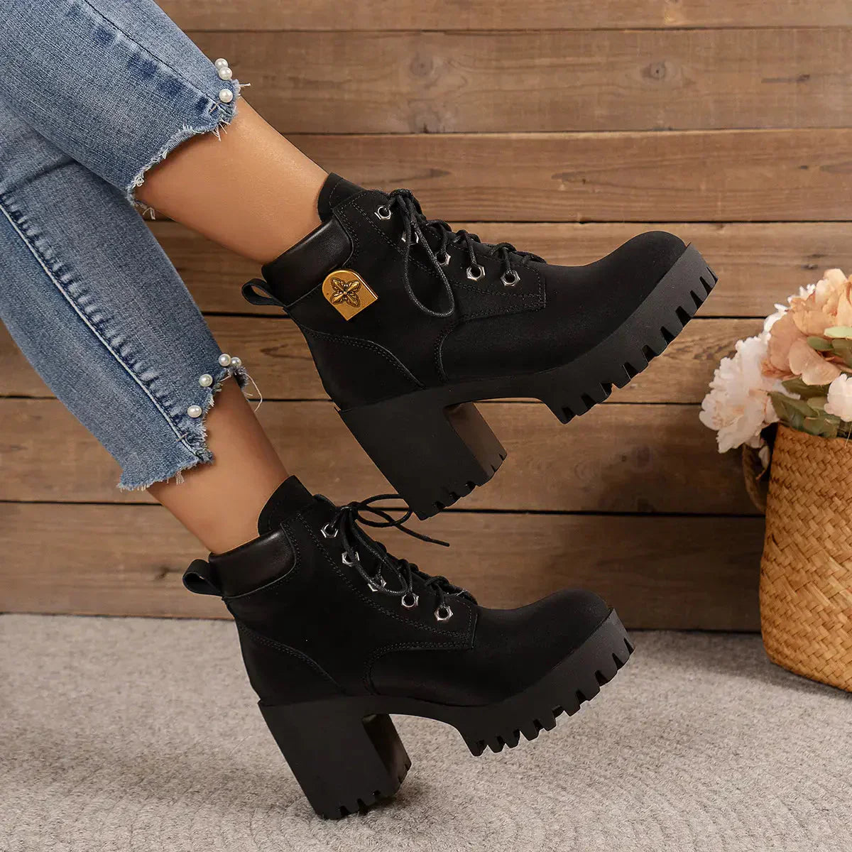 Modische Stiefeletten Damen mit robustem Absatz und Schnürung | A&B - 7 - Annoboutique