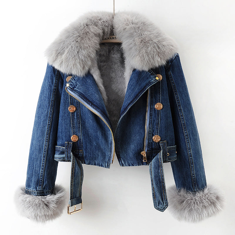 Damen Jeansjacke mit abnehmbarem Kragen und Gürtel | A&B - 1 - Annoboutique