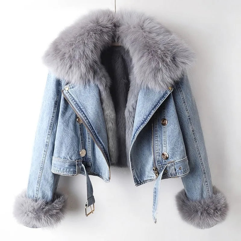 Damen Jeansjacke mit abnehmbarem Kragen und Gürtel | A&B - 2 - Annoboutique