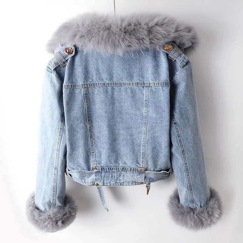 Damen Jeansjacke mit abnehmbarem Kragen und Gürtel | A&B - 3 - Annoboutique