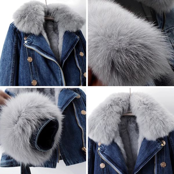 Damen Jeansjacke mit abnehmbarem Kragen und Gürtel | A&B - 4 - Annoboutique