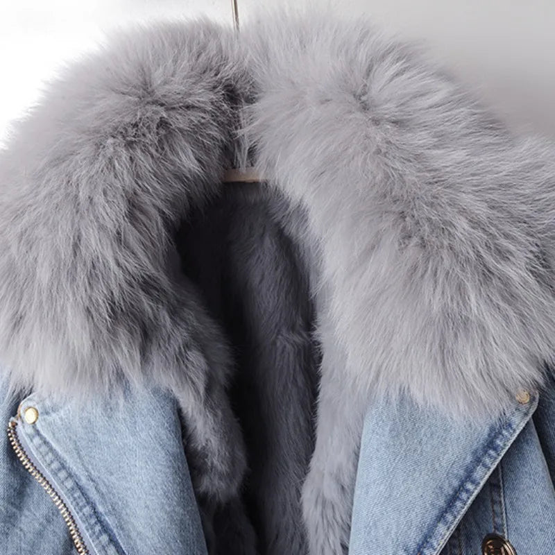 Damen Jeansjacke mit abnehmbarem Kragen und Gürtel | A&B - 5 - Annoboutique