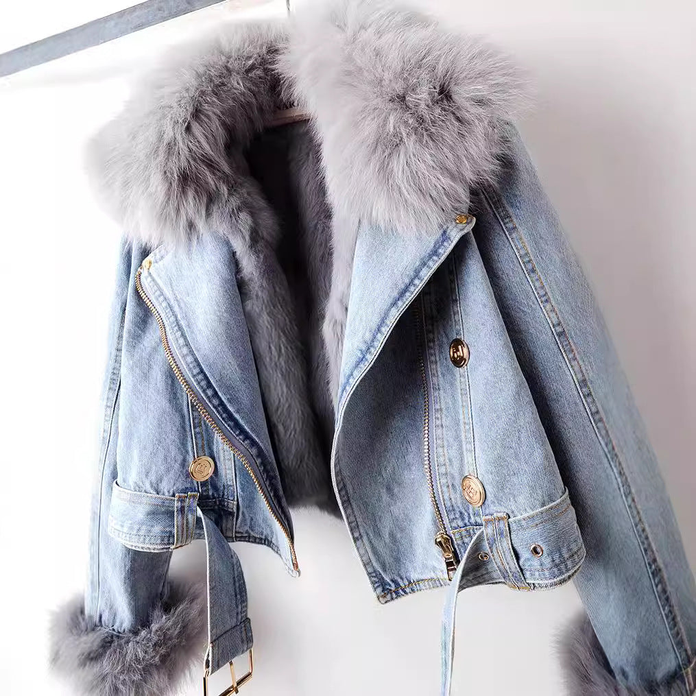 Damen Jeansjacke mit abnehmbarem Kragen und Gürtel | A&B - 6 - Annoboutique