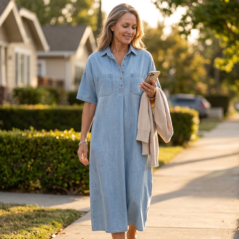 Midi Kleid Damen mit Knopfleiste und lässigem Schnitt | A&B - 1 - Annoboutique