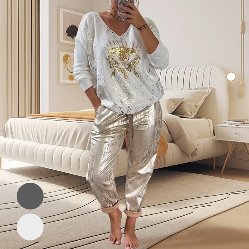 Elegantes Outfit Damen mit V-Ausschnitt und glitzerndem Design | A&B - 1 - Annoboutique