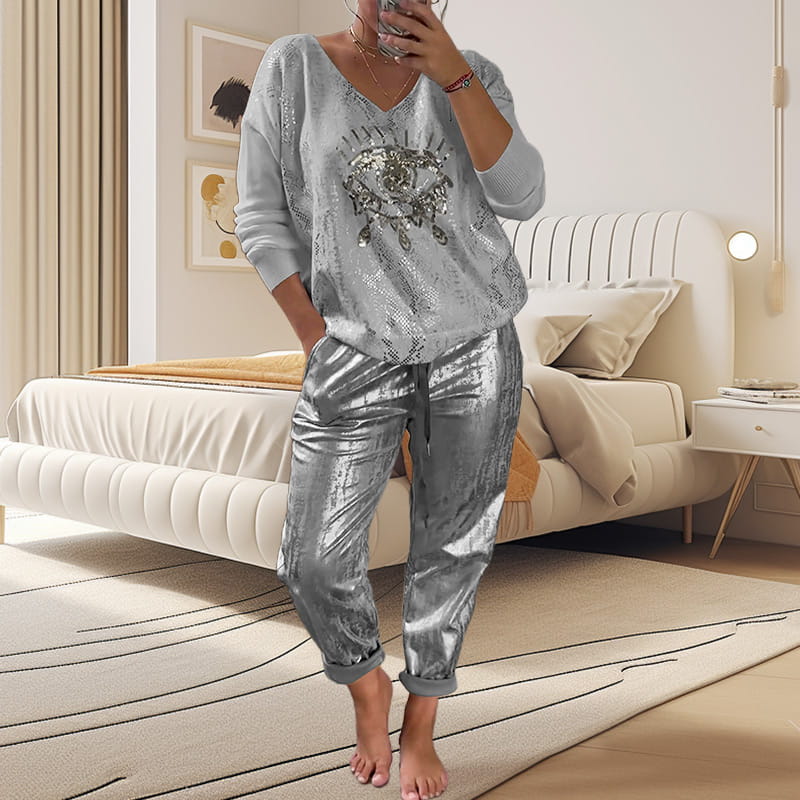 Elegantes Outfit Damen mit V-Ausschnitt und glitzerndem Design | A&B - 2 - Annoboutique