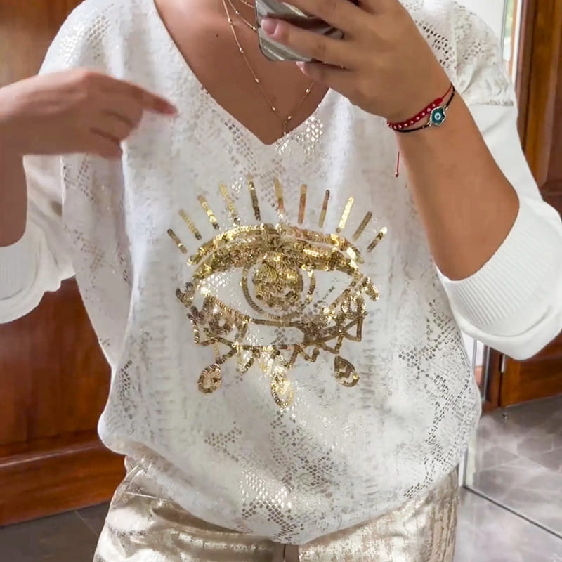 Elegantes Outfit Damen mit V-Ausschnitt und glitzerndem Design | A&B - 6 - Annoboutique