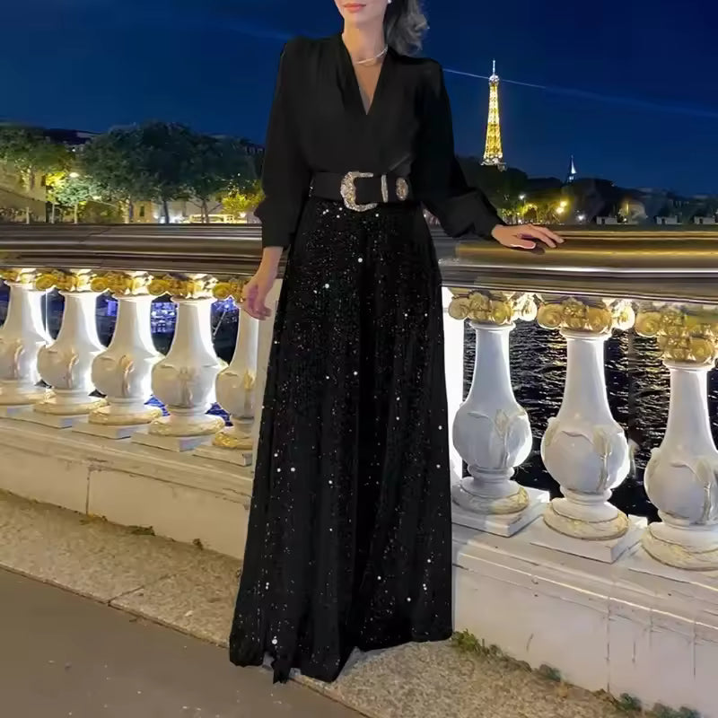 Maxikleid Damen mit langen Ärmeln und Taillengürtel | A&B - 2 - Annoboutique