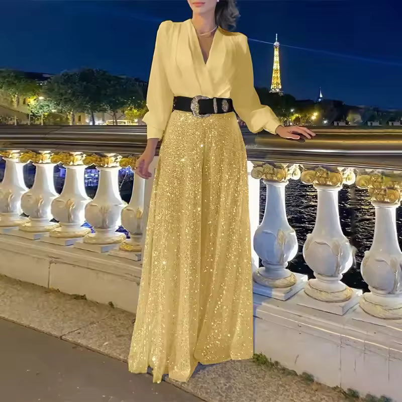 Maxikleid Damen mit langen Ärmeln und Taillengürtel | A&B - 3 - Annoboutique