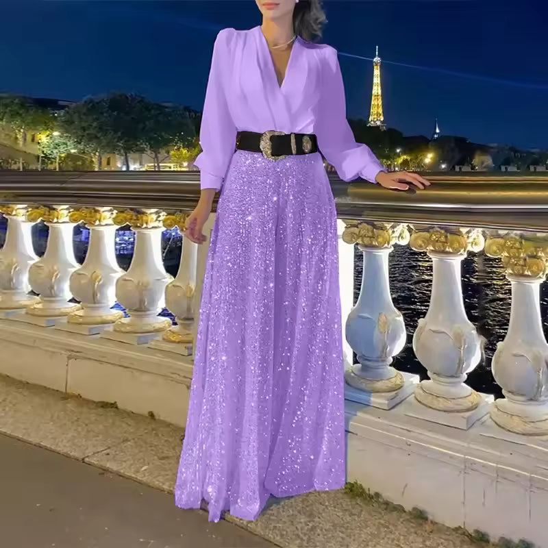 Maxikleid Damen mit langen Ärmeln und Taillengürtel | A&B - 4 - Annoboutique