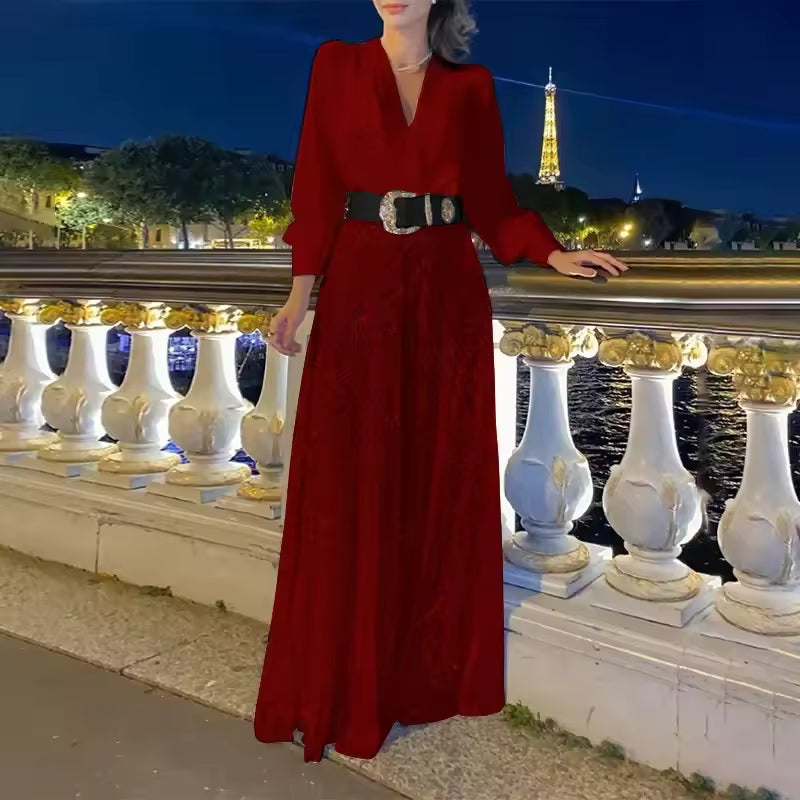 Maxikleid Damen mit langen Ärmeln und Taillengürtel | A&B - 6 - Annoboutique