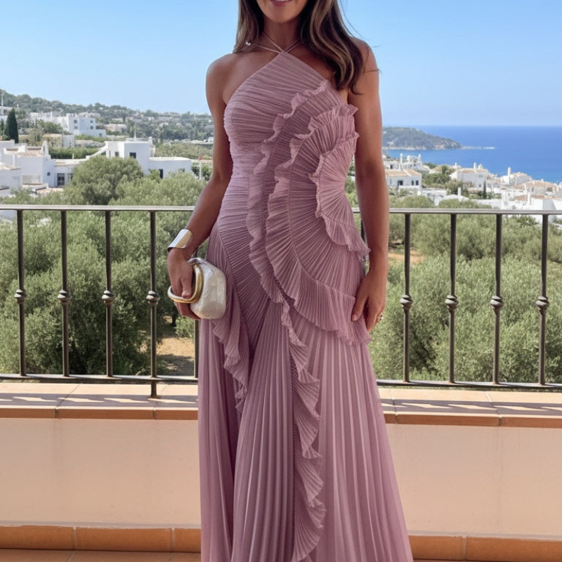 Maxikleid Damen mit asymmetrischem Schnitt und Rüschendetails | A&B - 2 - Annoboutique