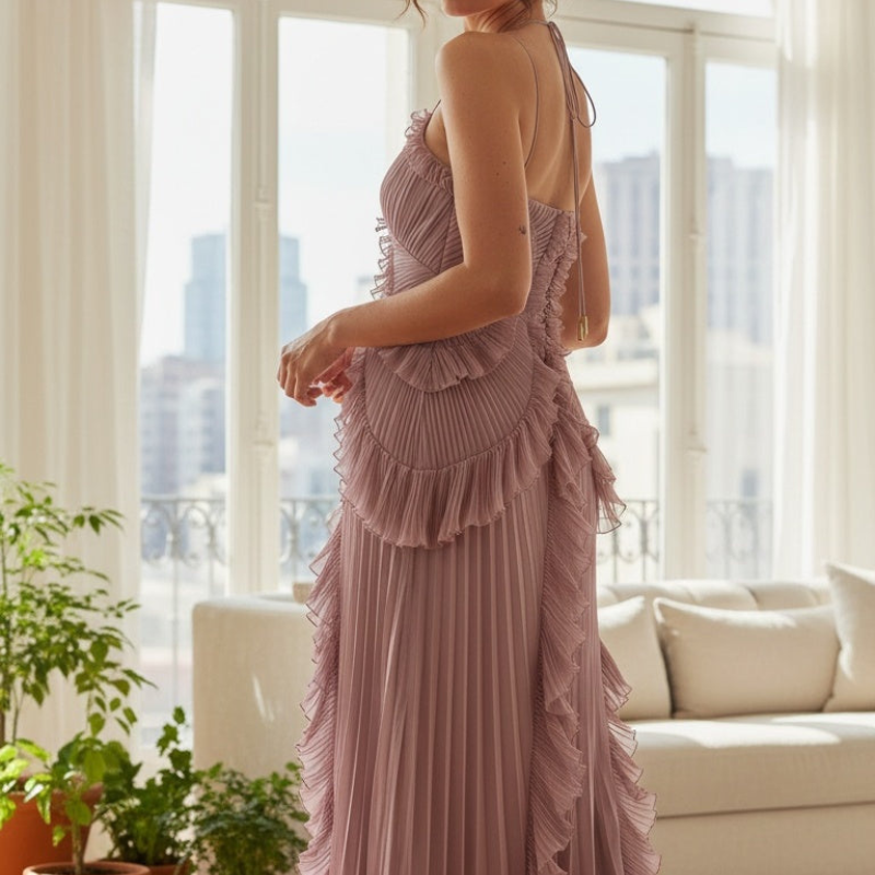Maxikleid Damen mit asymmetrischem Schnitt und Rüschendetails | A&B - 3 - Annoboutique