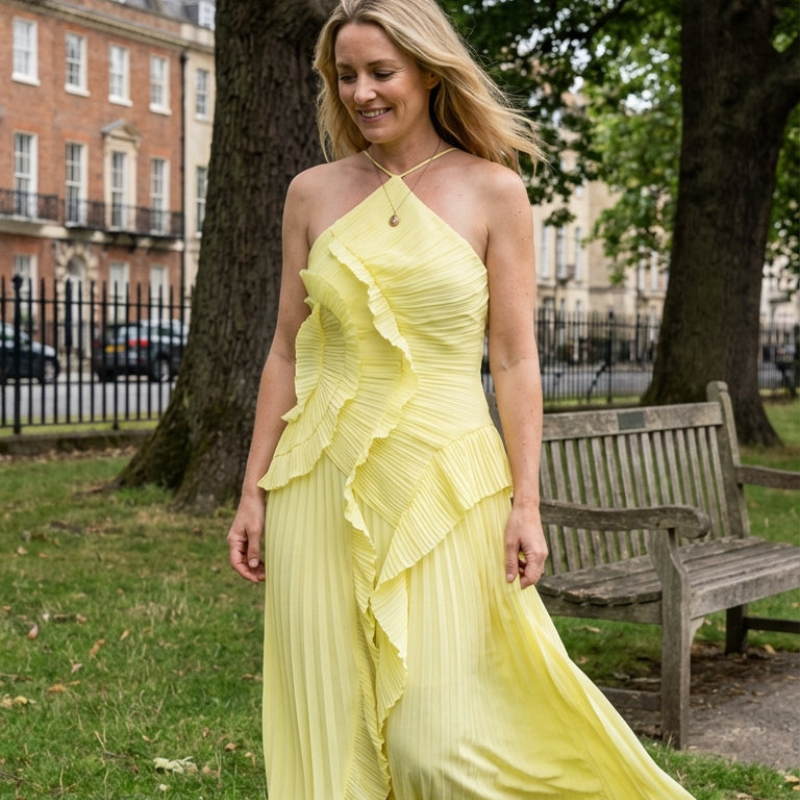 Maxikleid Damen mit asymmetrischem Schnitt und Rüschendetails | A&B - 6 - Annoboutique