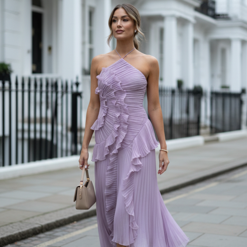 Maxikleid Damen mit asymmetrischem Schnitt und Rüschendetails | A&B - 11 - Annoboutique