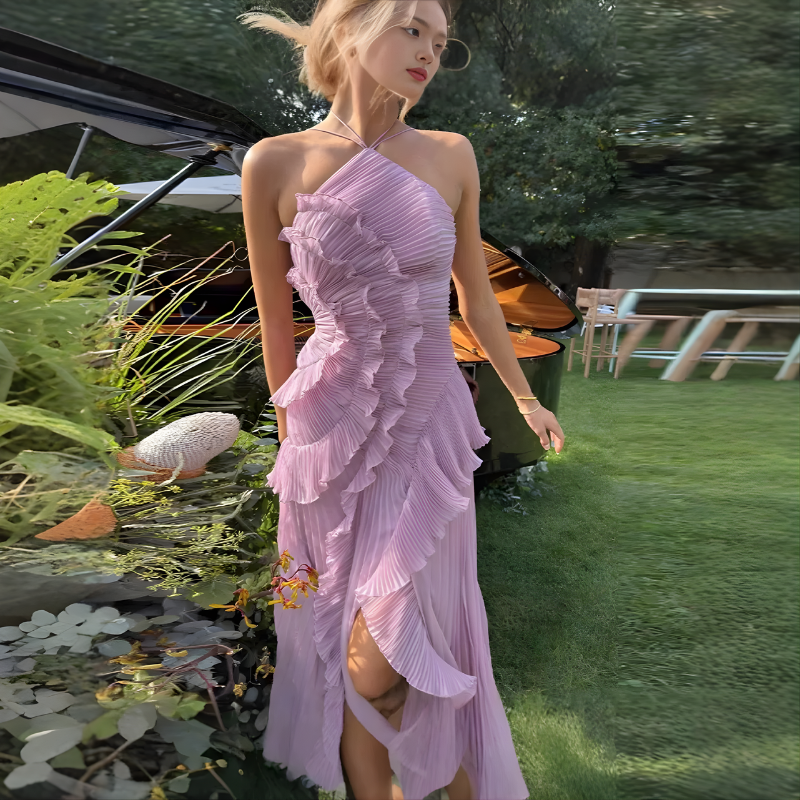 Maxikleid Damen mit asymmetrischem Schnitt und Rüschendetails | A&B - 12 - Annoboutique