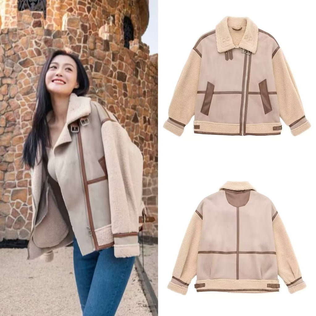 Damen Jacke im Oversized-Stil mit asymmetrischem Reißverschluss und Teddyfutter | A&B - 1 - Annoboutique
