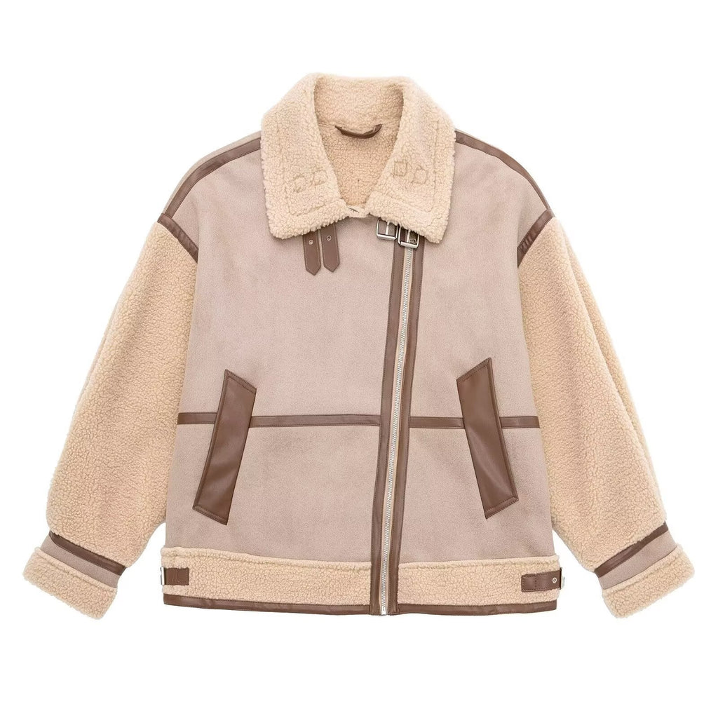 Damen Jacke im Oversized-Stil mit asymmetrischem Reißverschluss und Teddyfutter | A&B - 2 - Annoboutique