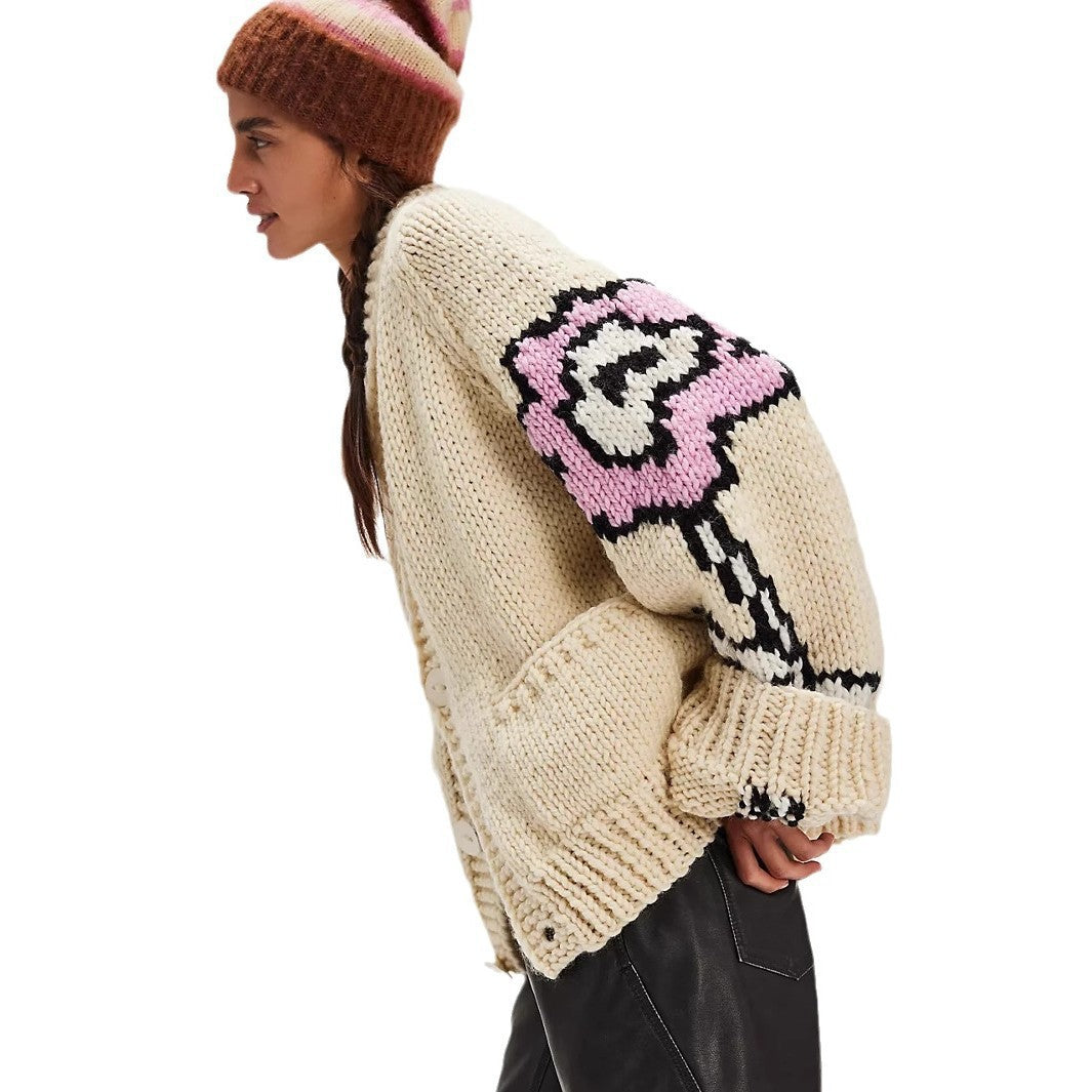 Cardigan Damen Oversize mit floralem Design und Schalkragen | A&B - 5 - Annoboutique