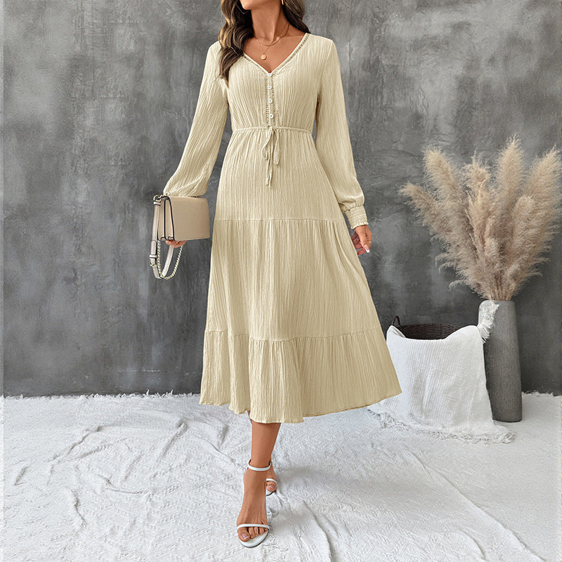 Midi Kleid Damen mit V-Ausschnitt und Taillenzug | A&B - 1 - Annoboutique