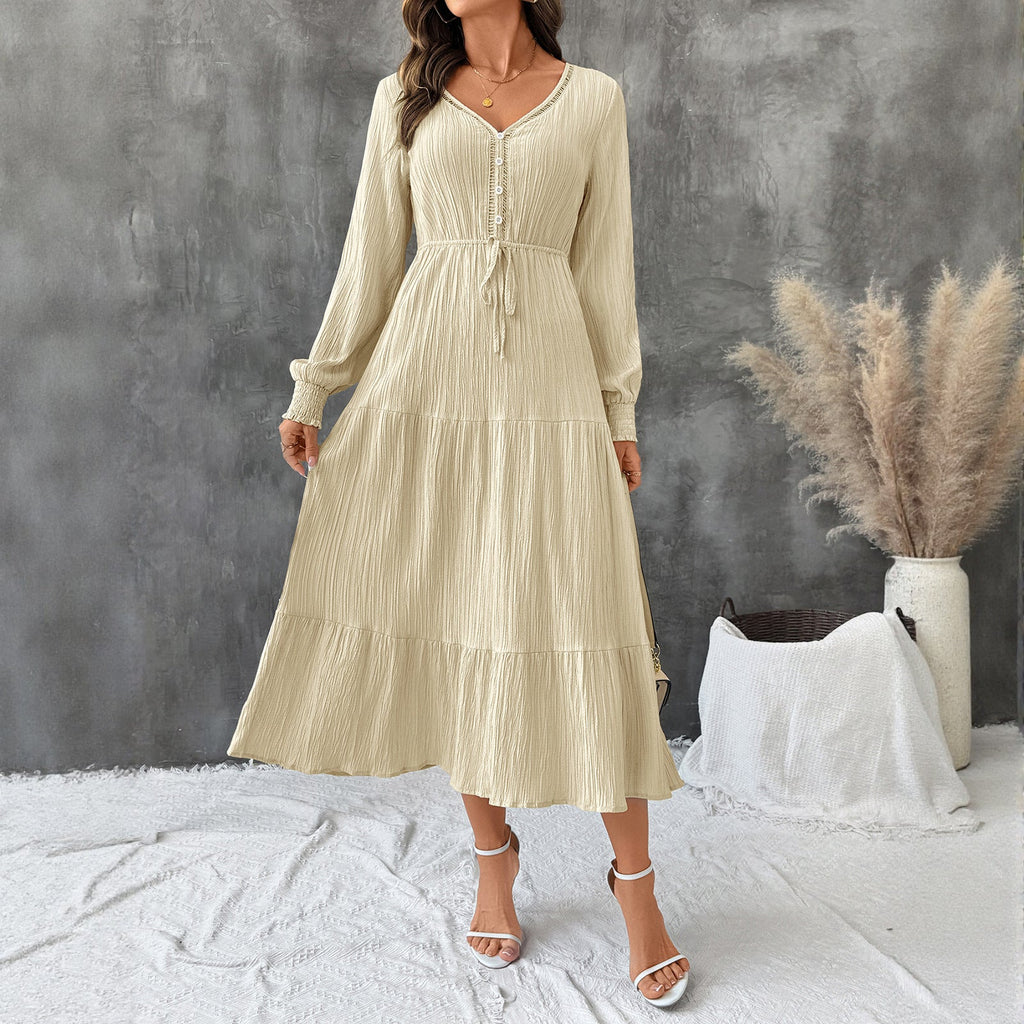 Midi Kleid Damen mit V-Ausschnitt und Taillenzug | A&B - 3 - Annoboutique