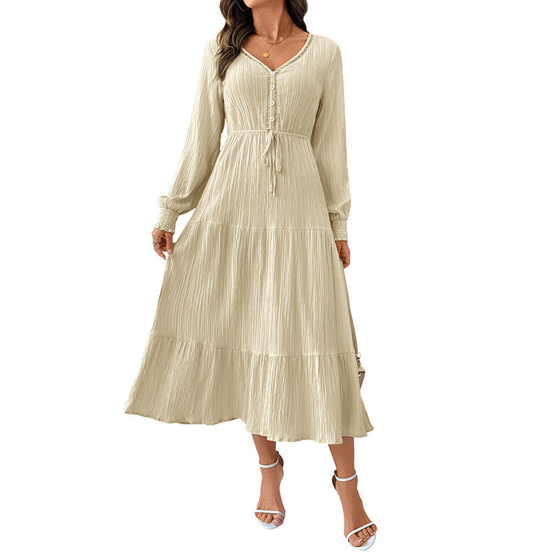 Midi Kleid Damen mit V-Ausschnitt und Taillenzug | A&B - 5 - Annoboutique