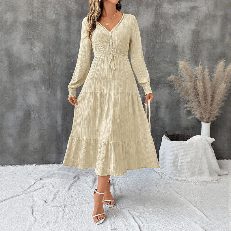 Midi Kleid Damen mit V-Ausschnitt und Taillenzug | A&B - 6 - Annoboutique