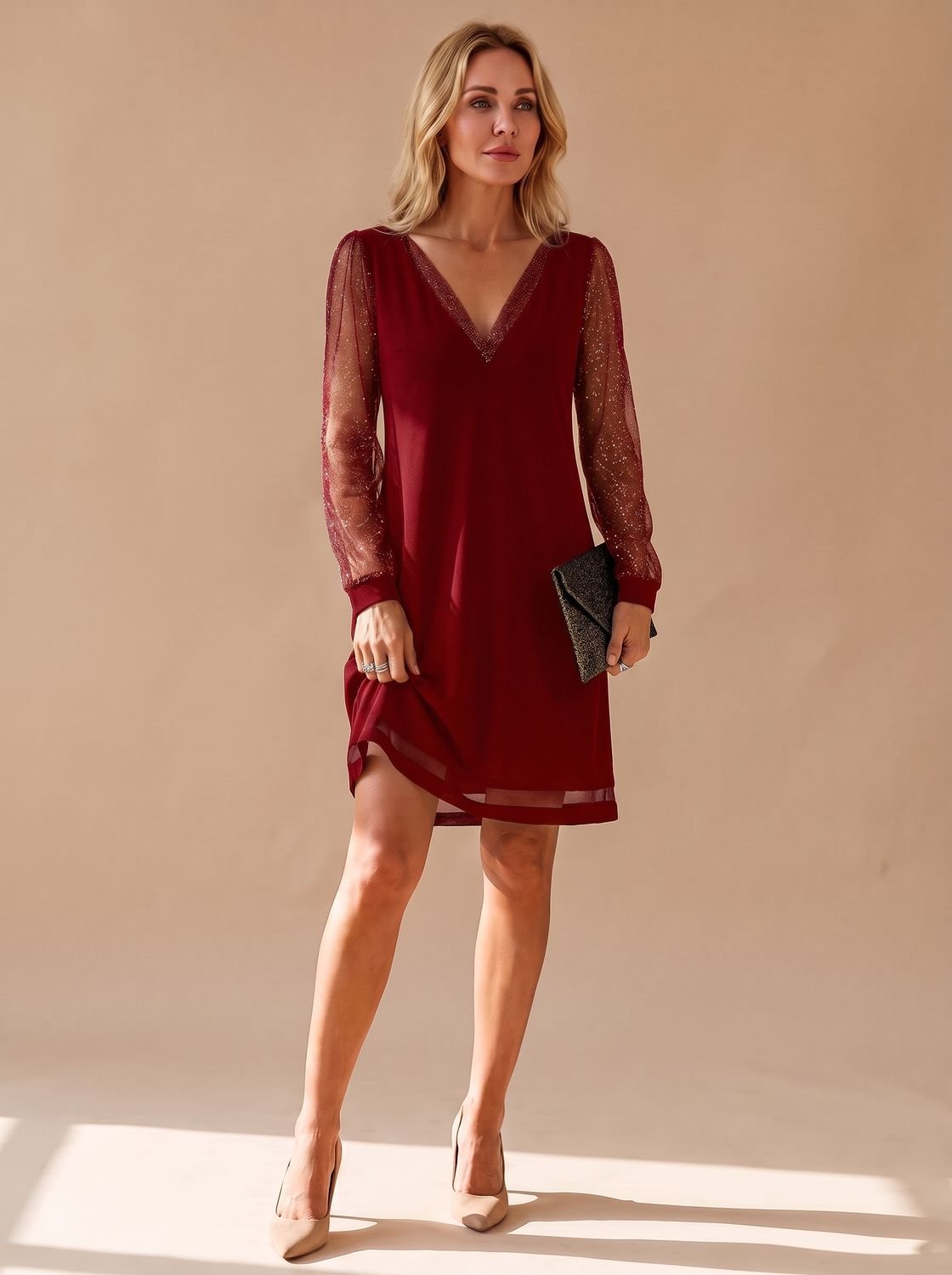 Damenkleid mit V-Ausschnitt und transparenten Ärmeln | A&B - 2 - Annoboutique