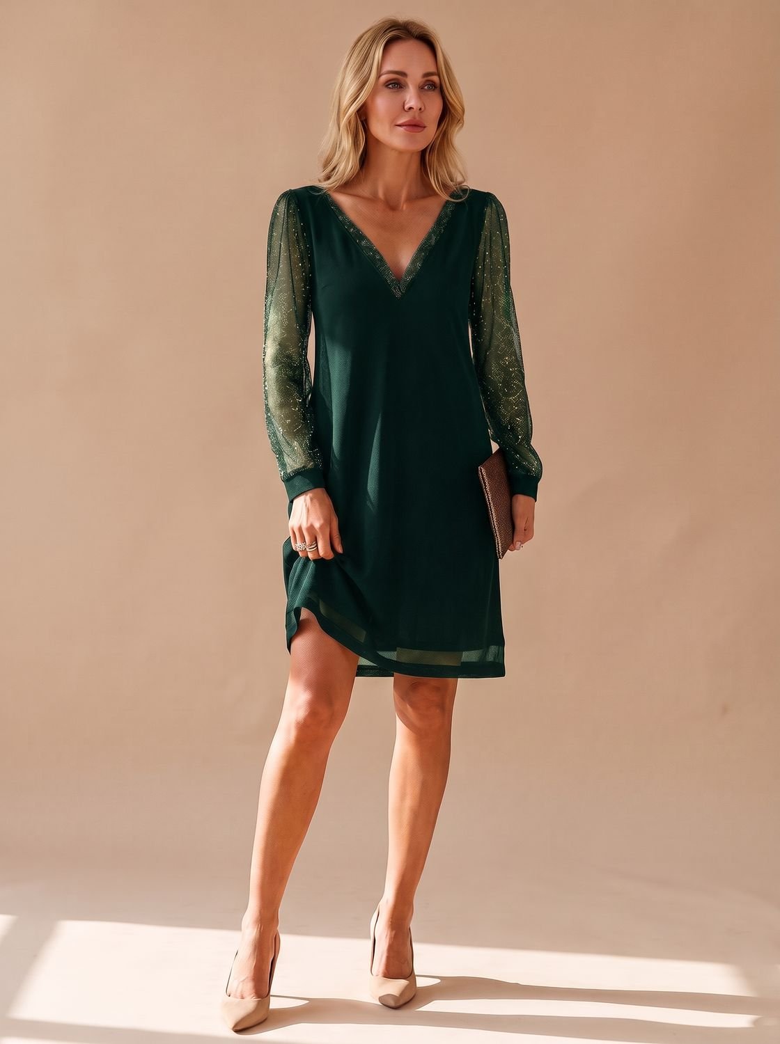Damenkleid mit V-Ausschnitt und transparenten Ärmeln | A&B - 3 - Annoboutique