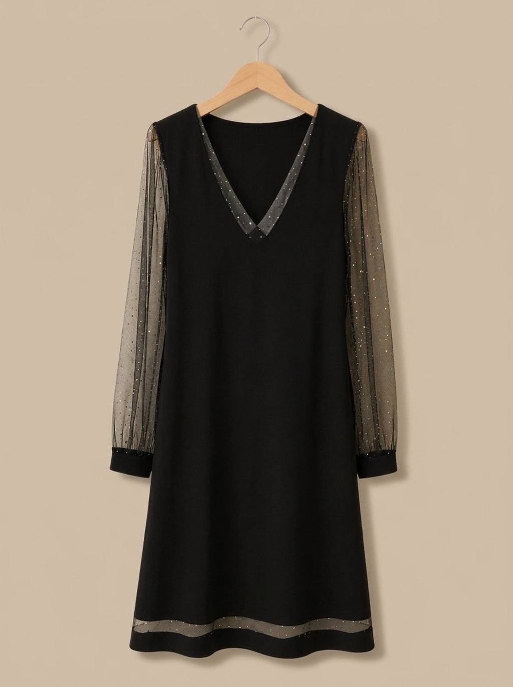 Damenkleid mit V-Ausschnitt und transparenten Ärmeln | A&B - 4 - Annoboutique