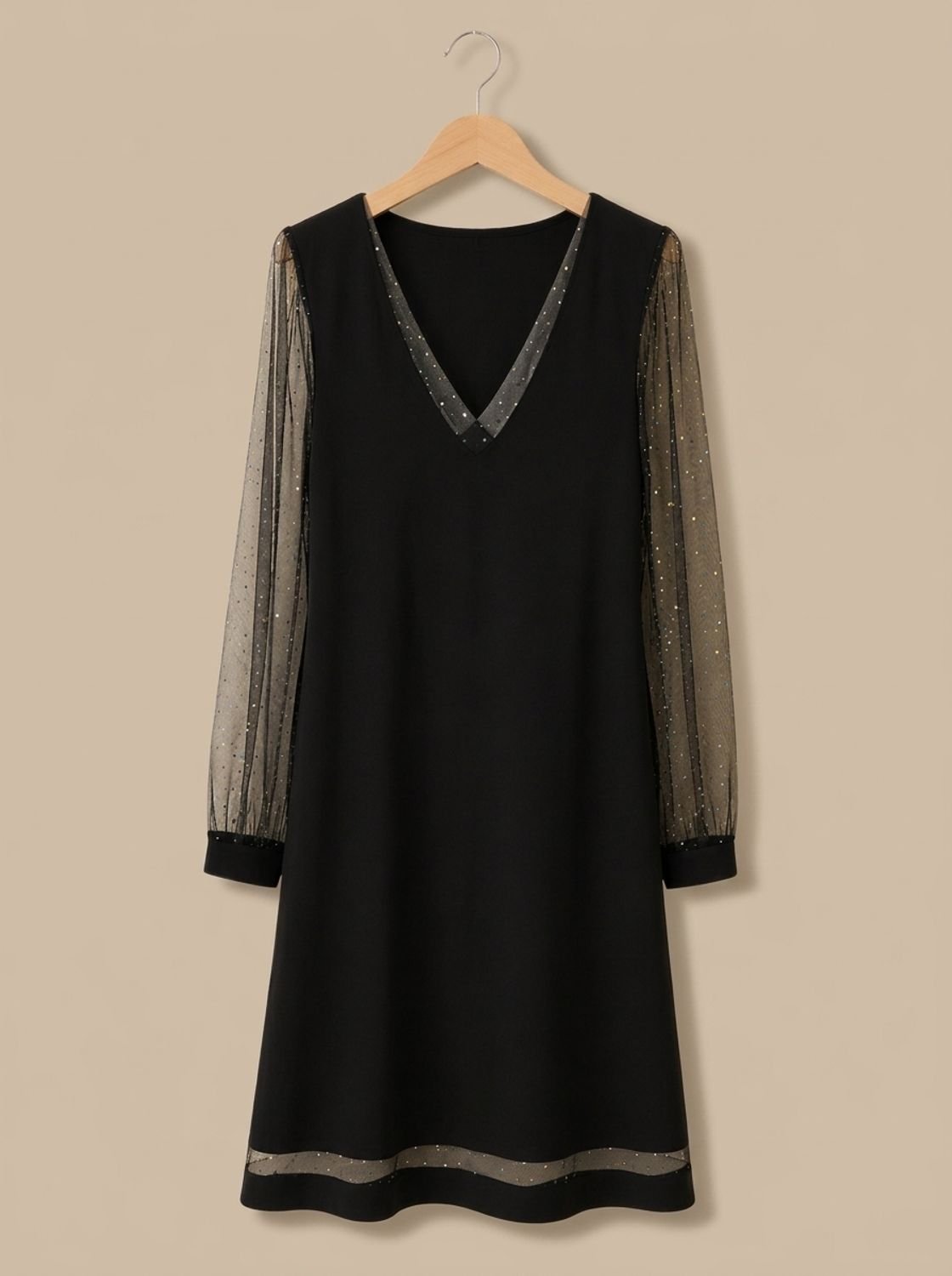 Damenkleid mit V-Ausschnitt und transparenten Ärmeln | A&B - 4 - Annoboutique