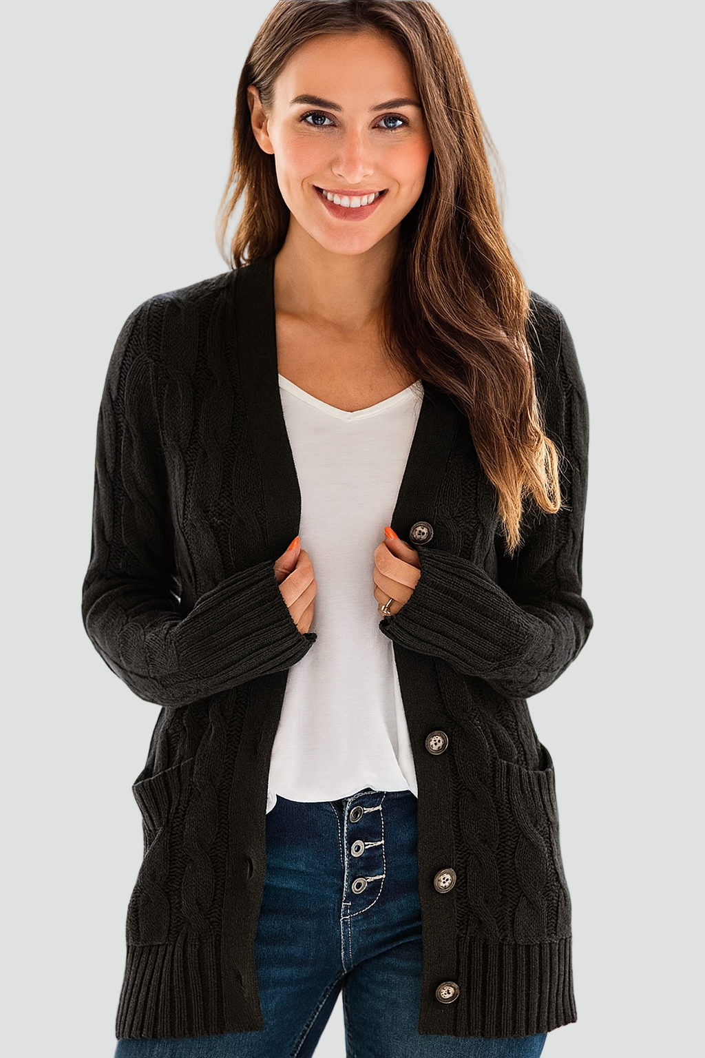 Cardigan Damen mit durchgehender Knopfleiste und strukturiertem Design | A&B - 3 - Annoboutique