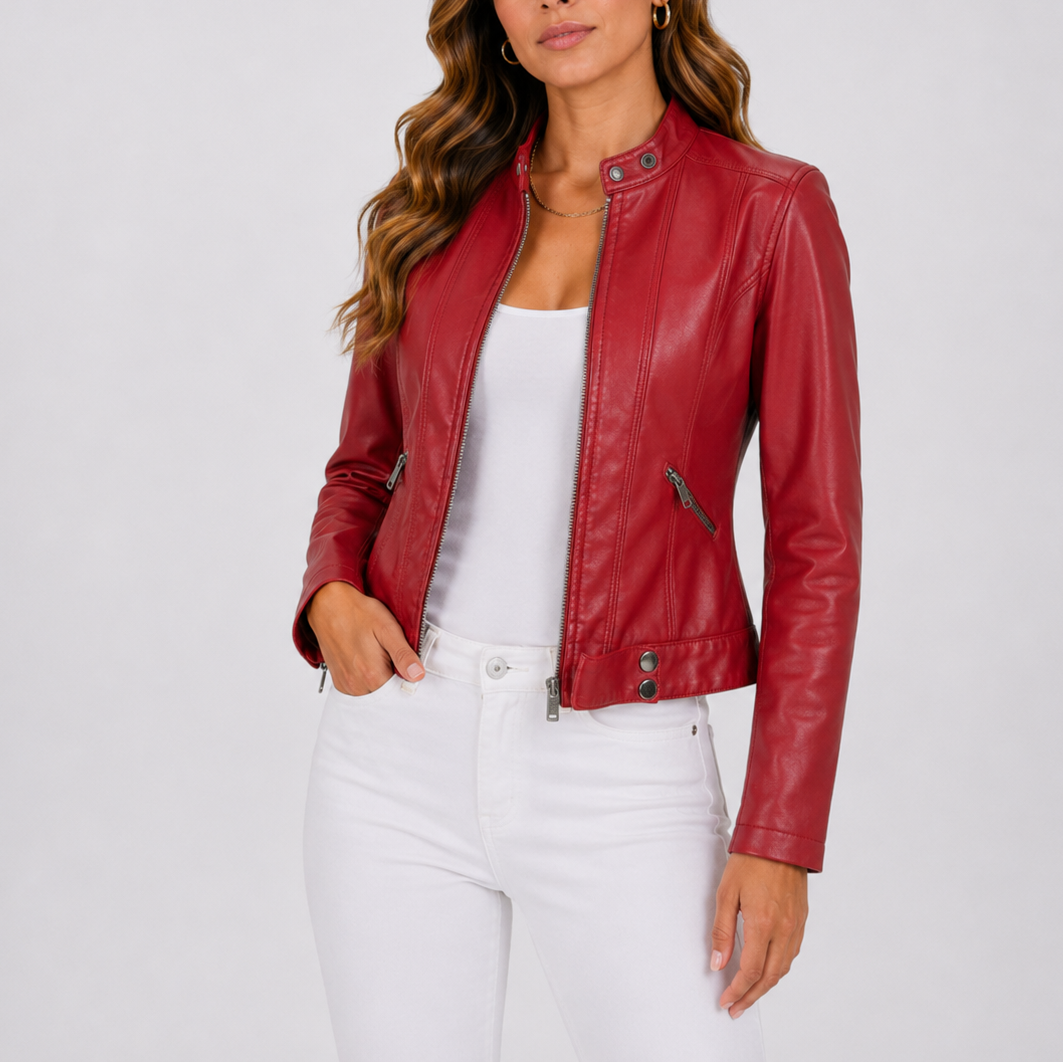 Damen Lederjacke tailliert mit Reißverschluss und Taschen | A&B - 3 - Annoboutique
