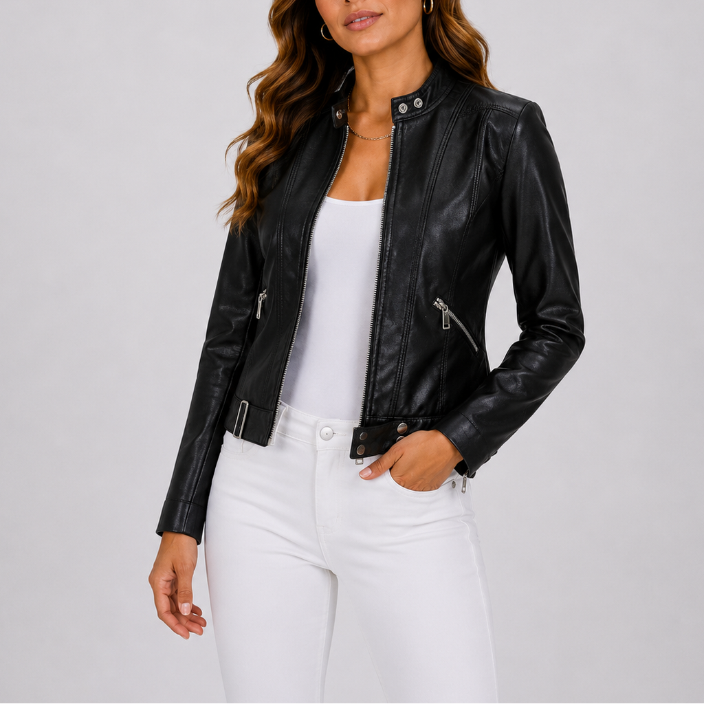 Damen Lederjacke tailliert mit Reißverschluss und Taschen | A&B - 4 - Annoboutique