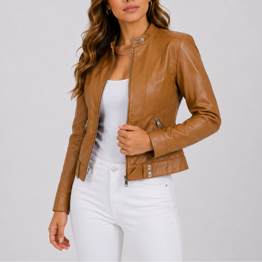 Damen Lederjacke tailliert mit Reißverschluss und Taschen | A&B - 5 - Annoboutique