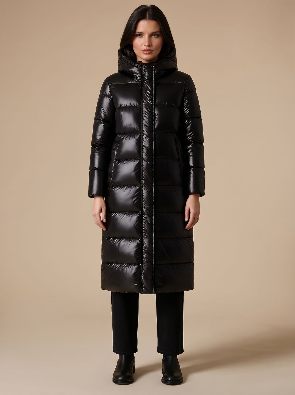 Damen Steppmantel mit Kapuze und langem Schnitt | A&B - 1 - Annoboutique