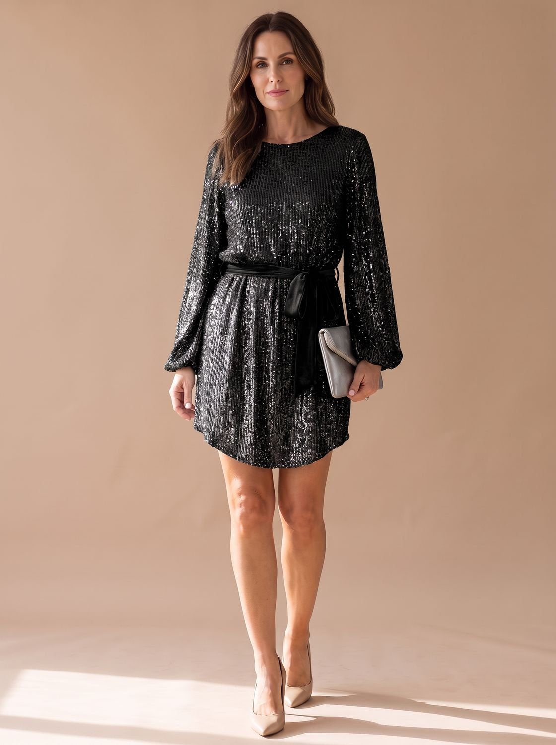 Mini Kleid Damen mit Taillengürtel und Ballonärmeln | A&B - 2 - Annoboutique