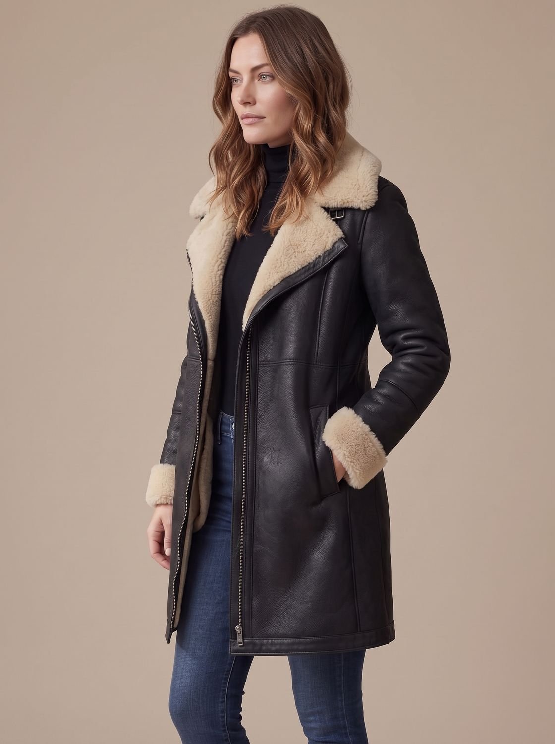 Damen Mantel mit asymmetrischem Reißverschluss und weichem Kragen - 5 - Annoboutique