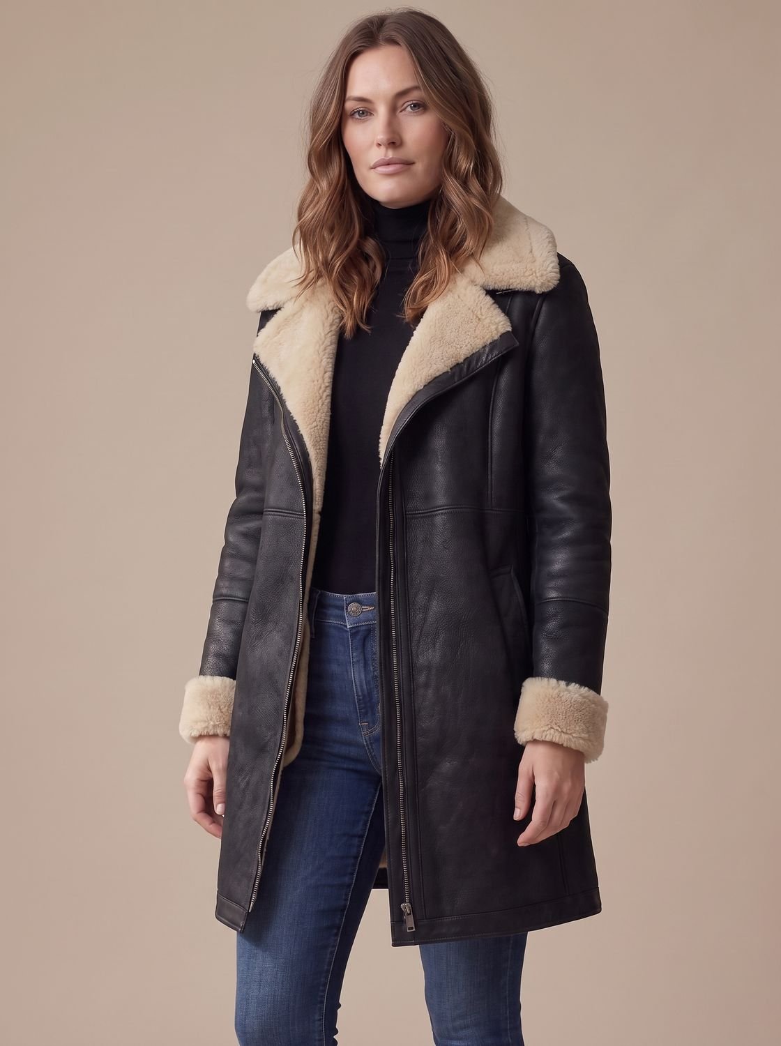 Damen Mantel mit asymmetrischem Reißverschluss und weichem Kragen - 6 - Annoboutique