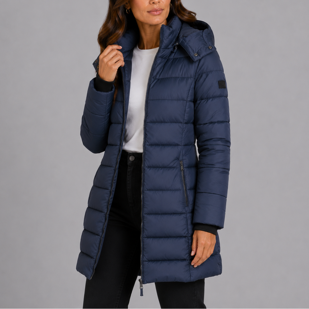 Damen Steppmantel mit Kapuze und durchgehendem Reißverschluss - figurbetont - 1 - Annoboutique