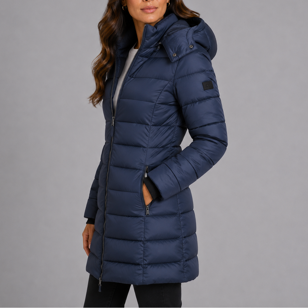 Damen Steppmantel mit Kapuze und durchgehendem Reißverschluss - figurbetont - 2 - Annoboutique