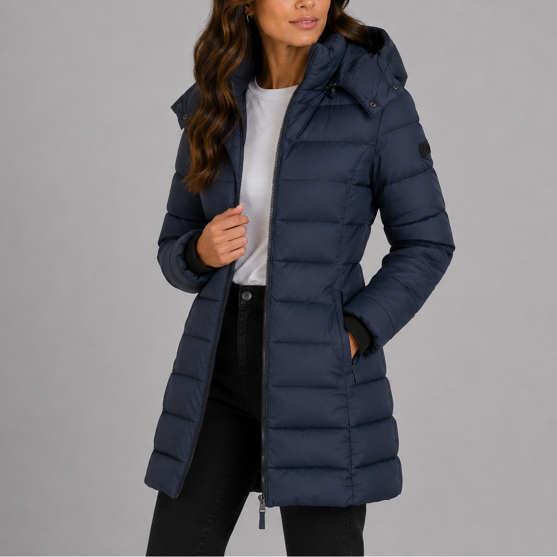 Damen Steppmantel mit Kapuze und durchgehendem Reißverschluss - figurbetont - 4 - Annoboutique
