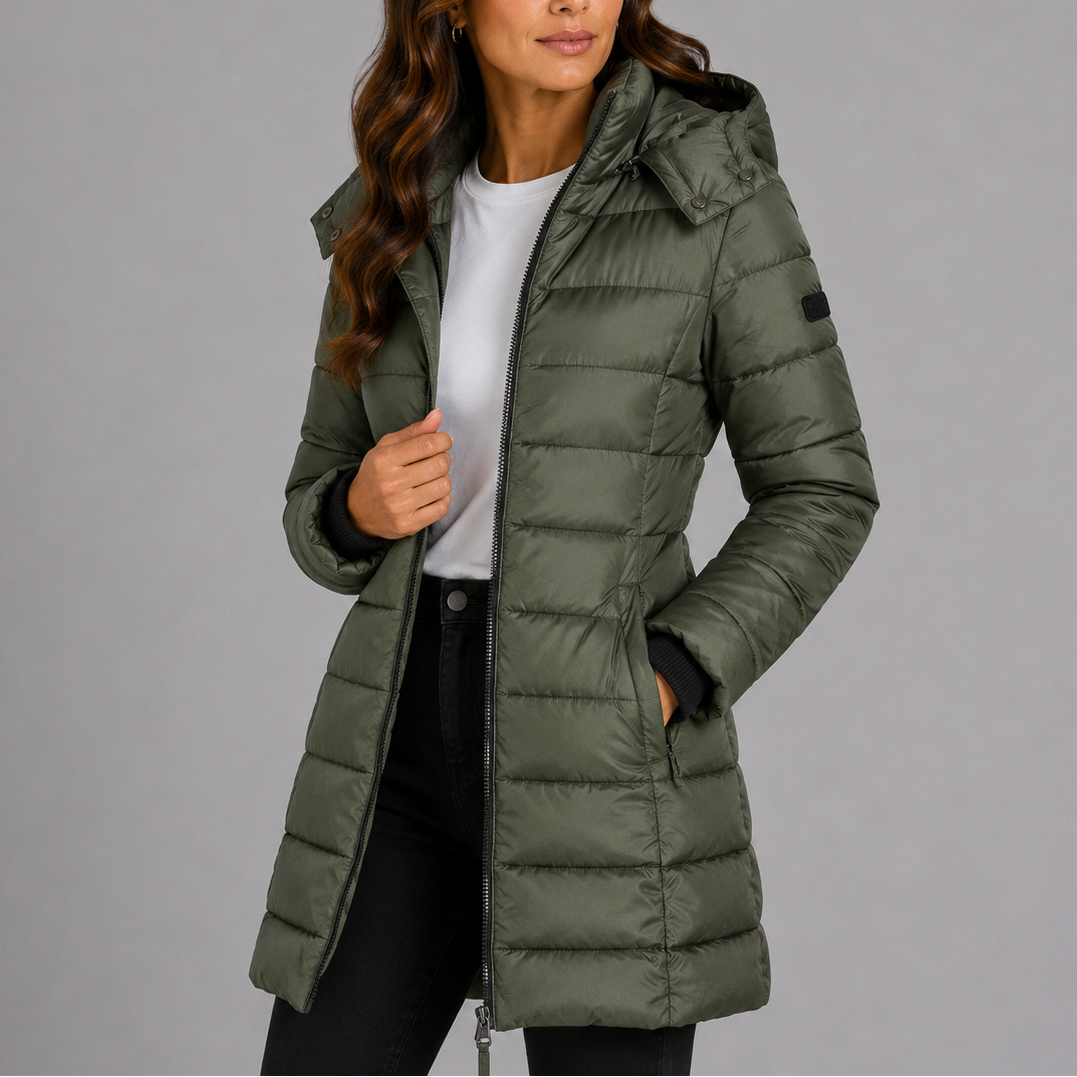 Damen Steppmantel mit Kapuze und durchgehendem Reißverschluss - figurbetont - 7 - Annoboutique