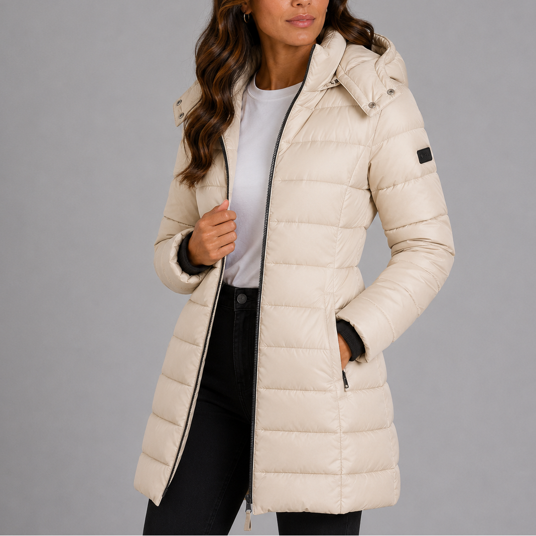 Damen Steppmantel mit Kapuze und durchgehendem Reißverschluss - figurbetont - 9 - Annoboutique