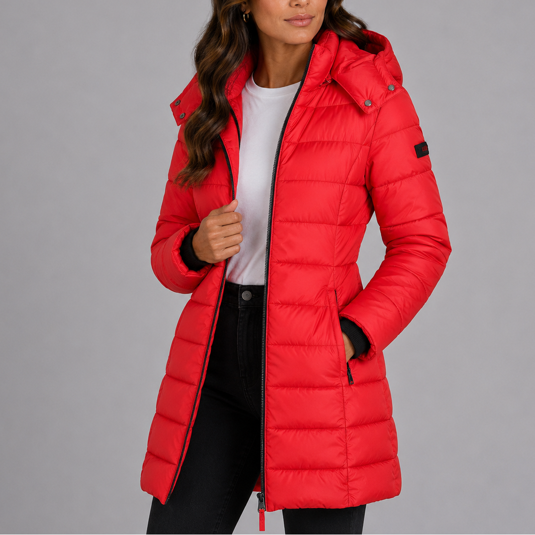 Damen Steppmantel mit Kapuze und durchgehendem Reißverschluss - figurbetont - 11 - Annoboutique