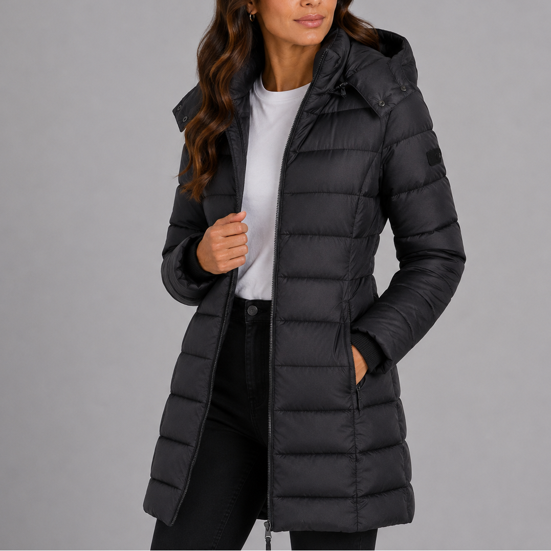 Damen Steppmantel mit Kapuze und durchgehendem Reißverschluss - figurbetont - 12 - Annoboutique