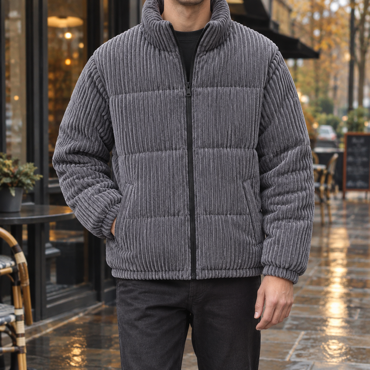Herrenjacke mit Stehkragen und durchgehendem Reißverschluss – gepolsterte Passform - 1 - Annoboutique