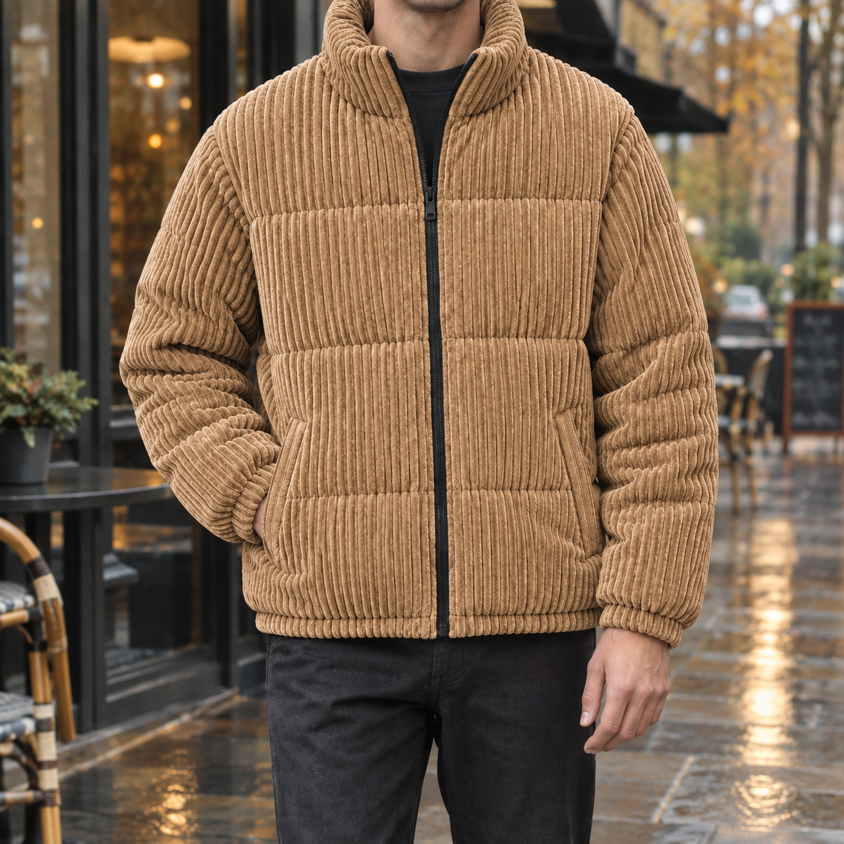 Herrenjacke mit Stehkragen und durchgehendem Reißverschluss – gepolsterte Passform - 4 - Annoboutique