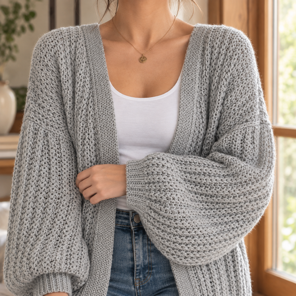 Damen Cardigan mit offener Front und weiten Ärmeln – lässiger Look - 2 - Annoboutique